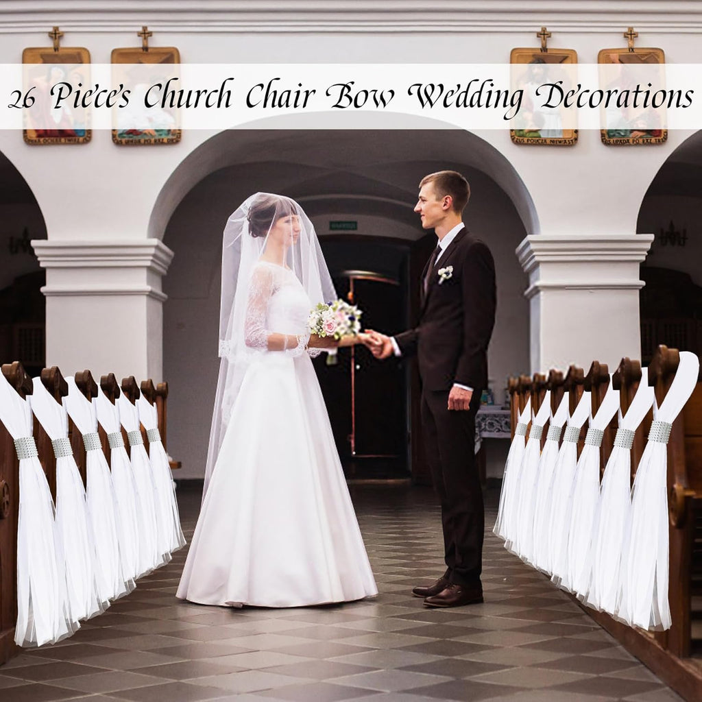 Skiennix 26 Sets Large White Pew Bows - Tulle Wedding Aisle Chair Decorations for Ceremonies