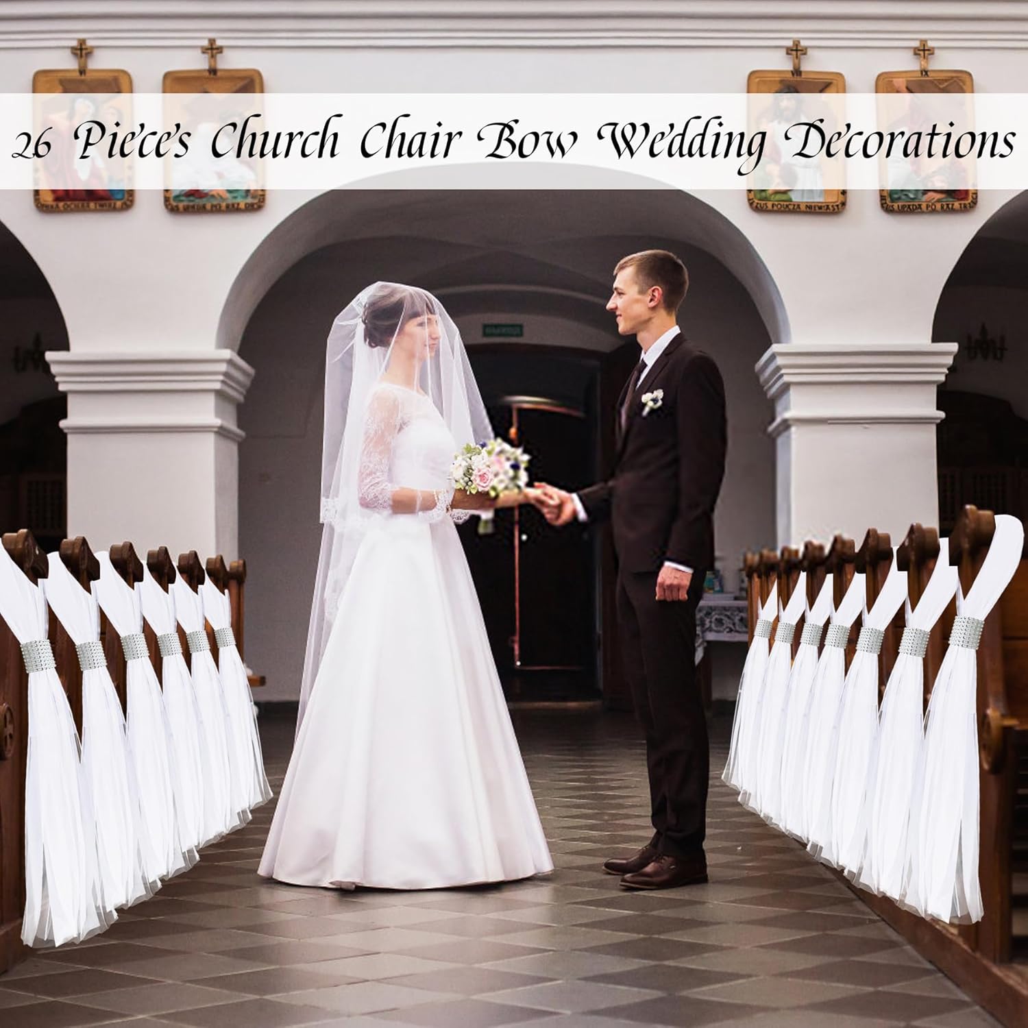 Skiennix 26 Sets Large White Pew Bows - Tulle Wedding Aisle Chair Decorations for Ceremonies
