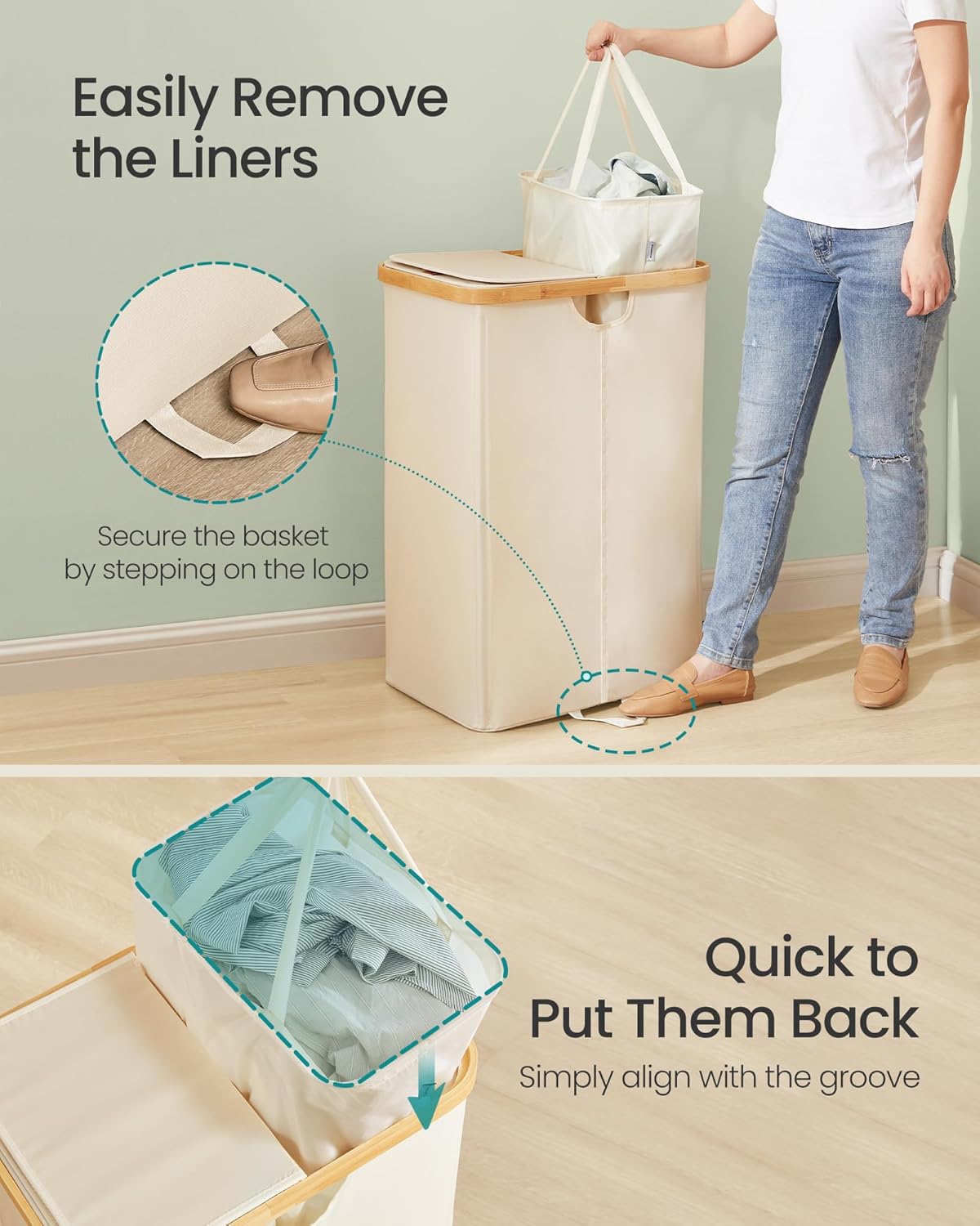 SONGMICS Laundry Hamper - 39 Gal. Dual Compartment Basket with Removable Liner Bag - Cream White & Light Bamboo