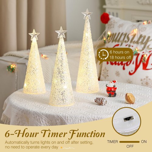 Lewondr LED Glass Christmas Tree Tabletop Lamps - Warm Yellow Light | 3 PCS with Timer & Glitter Ornaments