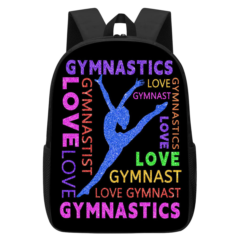 DOINBEE Gymnastics Backpack, Gymnastics Backpack for Girls Women, Colorful Love Gymnast on Black Bookbag, Funny Water Resistant Lightweight School Laptop Bags Casual Travel Daypack 17"