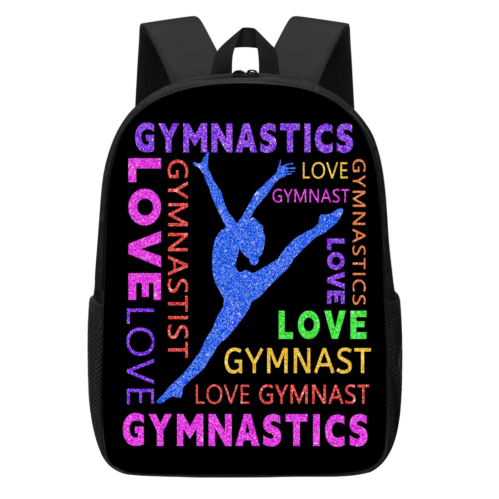 DOINBEE Gymnastics Backpack, Gymnastics Backpack for Girls Women, Colorful Love Gymnast on Black Bookbag, Funny Water Resistant Lightweight School Laptop Bags Casual Travel Daypack 17"