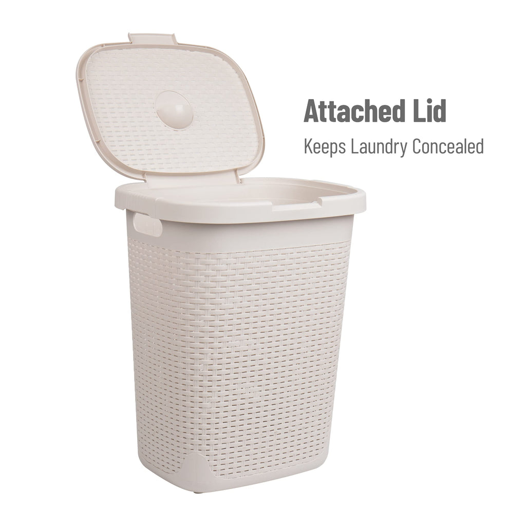 Mind Reader 50L Slim Laundry Hamper, Set of 2, Clothes Basket, Lid, Wicker Design, Plastic, 17.65"L x 13.75"W x 21"H, Ivory