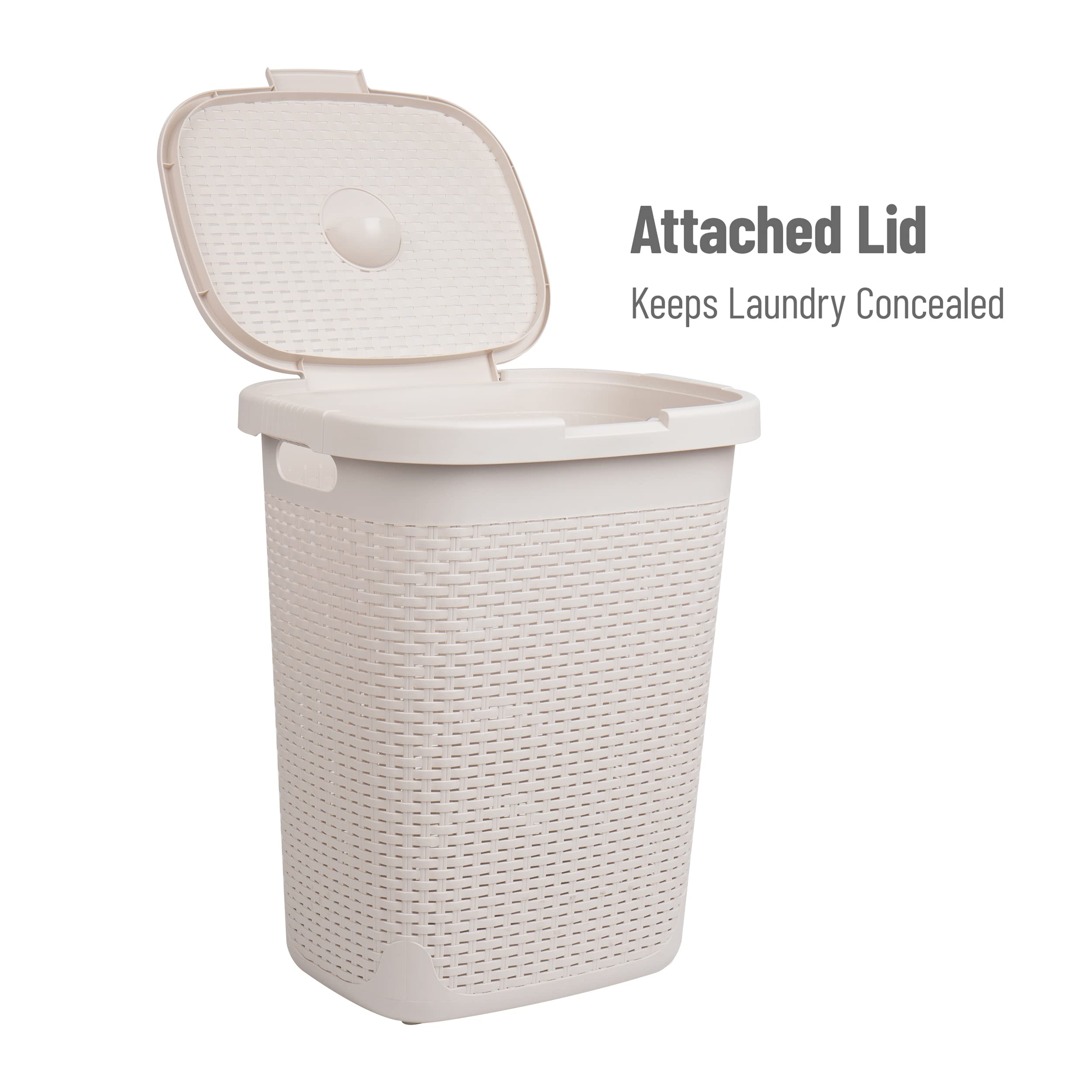 Mind Reader 50L Slim Laundry Hamper, Set of 2, Clothes Basket, Lid, Wicker Design, Plastic, 17.65"L x 13.75"W x 21"H, Ivory