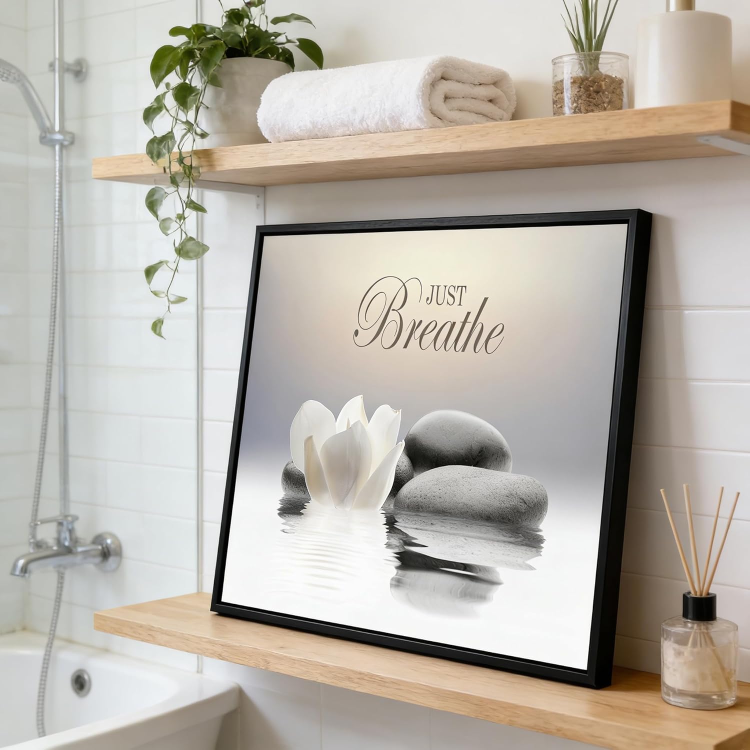 MKCIPJWC Zen Stone Wall Art - Just Breathe Yoga Quotes Canvas Print | White Lotus Flower, 12x16 Inch