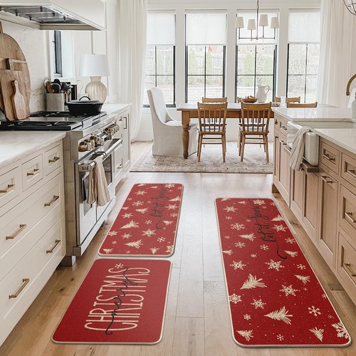 Artoid Mode Xmas Trees Snowflake Let It Snow Merry Christmas Kitchen Mats Set of 3, Winter Decor Low-Profile Kitchen Rugs - 24"x35"+24"x59"+24"x72"
