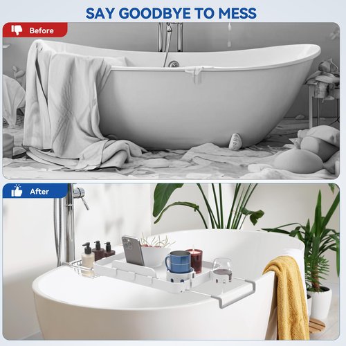 Bathtub Tray for Large Soaking Tub Table Tray Expandable Tub Shelf for Bathtub Caddy Bath Shelf Over Tub Luxury Bath Board Book Holder with Removable 2 Cup Holder Phone Metal Shower Caddy Basket White