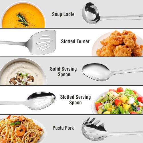 HIFIND Stainless Steel Cooking Utensils Set, 5PCS Kitchen Utensils Set, Durable Kitchen Gadgets, Ladle, Slotted Turner, Slotted Serving Spoon, Solid Serving Spoon, Pasta Fork