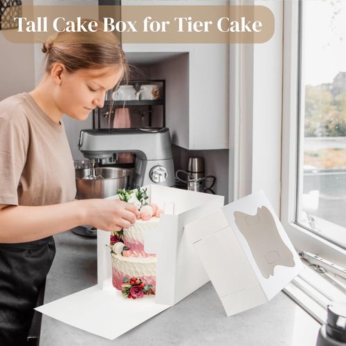 Pumtus 15 PCS Tall Cake Boxes, Square Cake Box with Window in 3 Sizes 12x12x12 10x10x10 8x8x8 Inches, Cardboard Tier Cake Bakery Container, Disposable Dessert Pie Takeout Carrier for Wedding Birthday