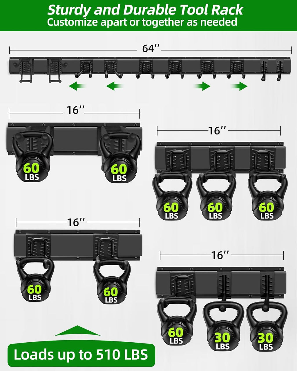 PIYILO Garage Tool Organizer - Heavy Duty Wall Mount Rack with 10 Hooks for Lawn Tools | 64 Inches