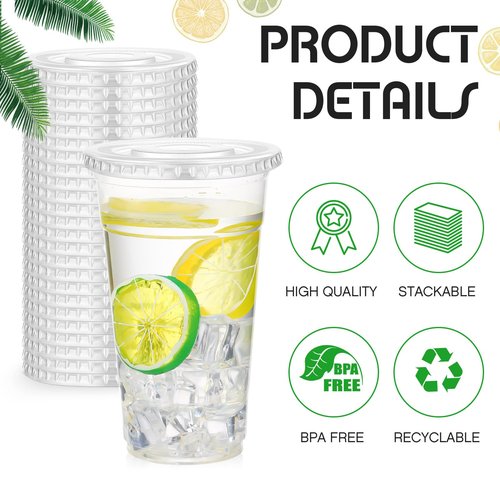 Hortsun 1000 Count 98mm Clear Flat Lids with Straw Slot Fits 16, 20, 24 oz Cups Disposable PET Plastic Transparent Cup Lids for Summer Iced Coffee Milkshake Ice Cream Party Supplies