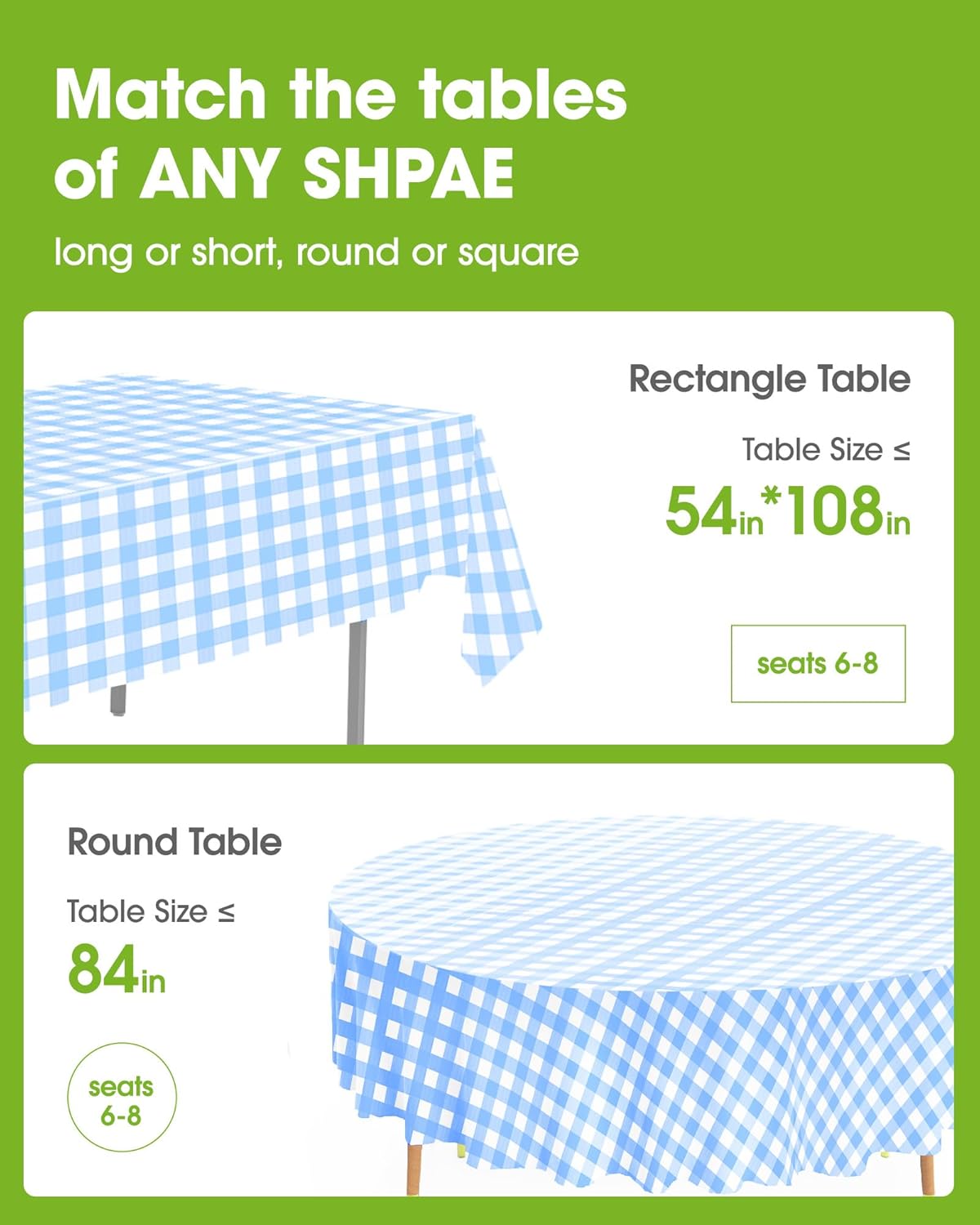 Pureegg Disposable Plastic Tablecloths - 10 Pack, 54 x 108 Inch, Blue & White Gingham, Leakproof & Sturdy