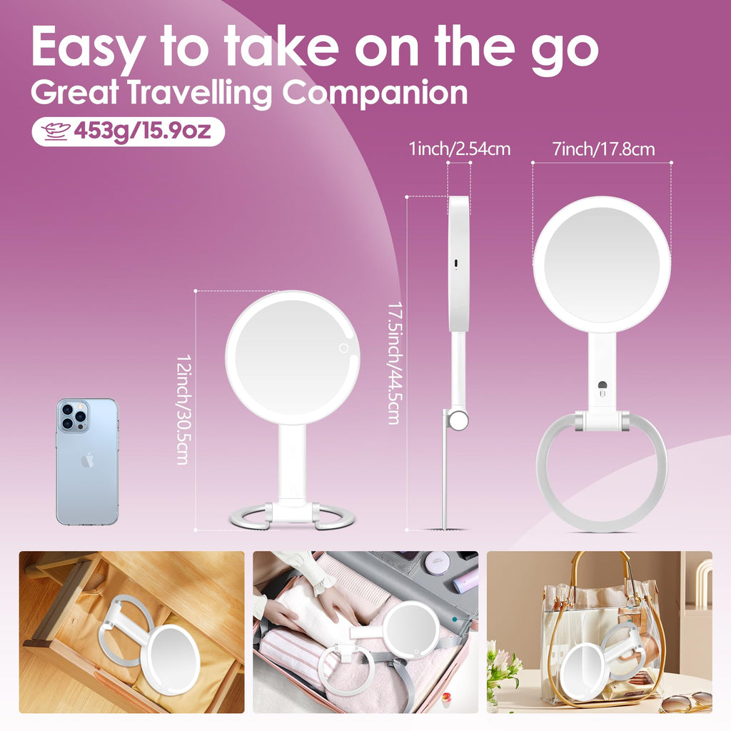 PEDOMIROR 20x Magnifying Mirror with Light, Travel Mirror with Light, Lighted Makeup Mirrors with Magnification, Hand Held Mirrors with Handle, Portable Tabletop, Suitable for Bathroom
