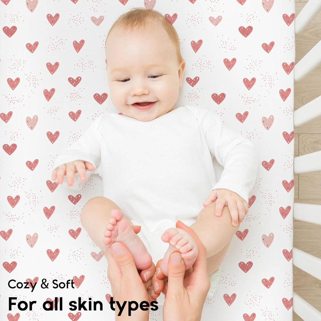 Yoofoss Fitted Pack and Play Sheets - Soft, Breathable Mini Crib Sheets 2-Pack in Pink & Love