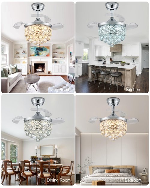 Fejanical 30" Dimmable fandelier Ceiling Fan with Light, Retractable Chandeliers Ceiling Fans with Lights, Crystal Fandeliers with Lights and Remote for Bedroom Living Room, Chrome