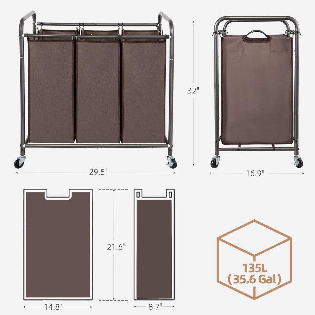 Storage Maniac Laundry Sorter - 3 Section Hamper Cart with Lockable Wheels & Removable Bags | 35.9 Gal, Brown