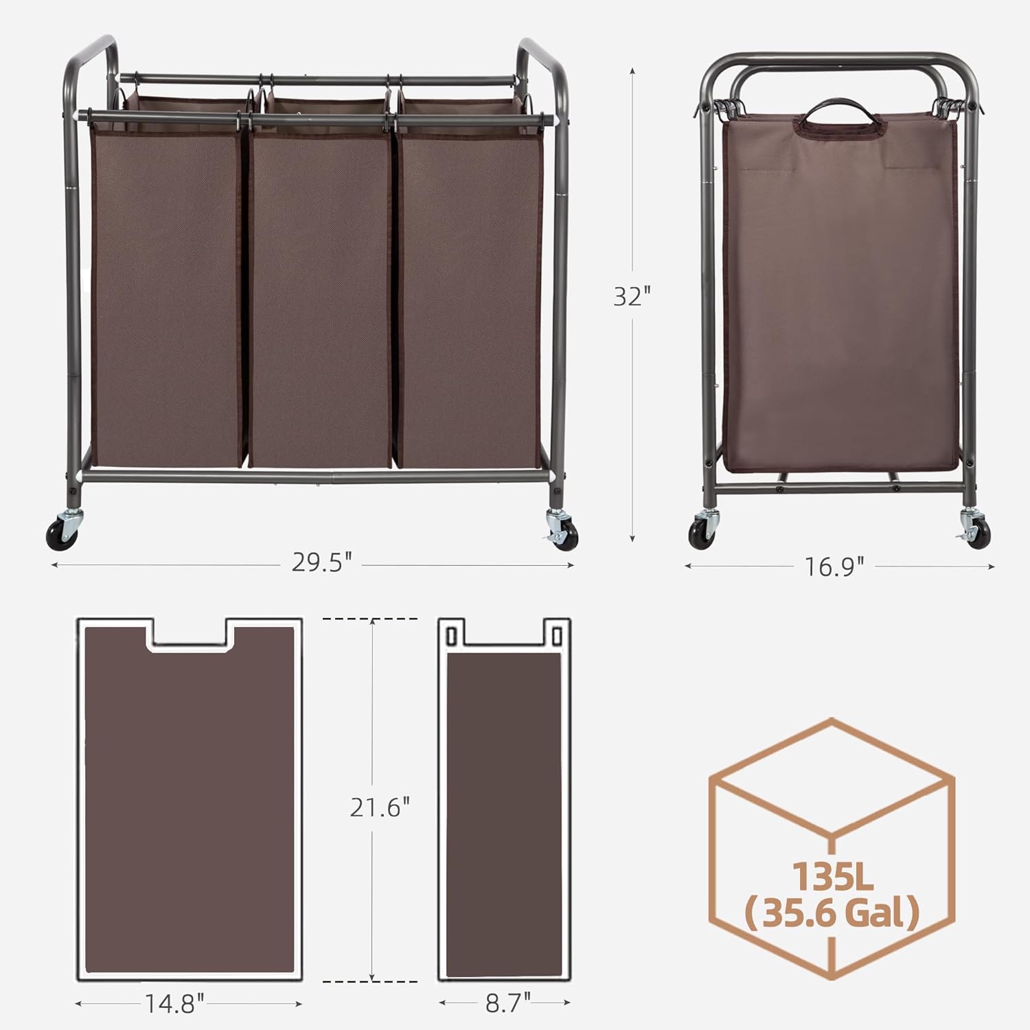 Storage Maniac Laundry Sorter - 3 Section Hamper Cart with Lockable Wheels & Removable Bags | 35.9 Gal, Brown