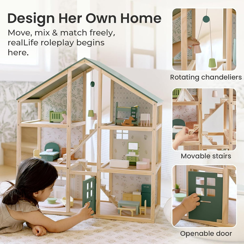 Tiny Land Wooden Dollhouse - 6 Rooms DIY Doll House with 31 Furniture Accessories | Creative Gift for Girls Ages 3+ - Green