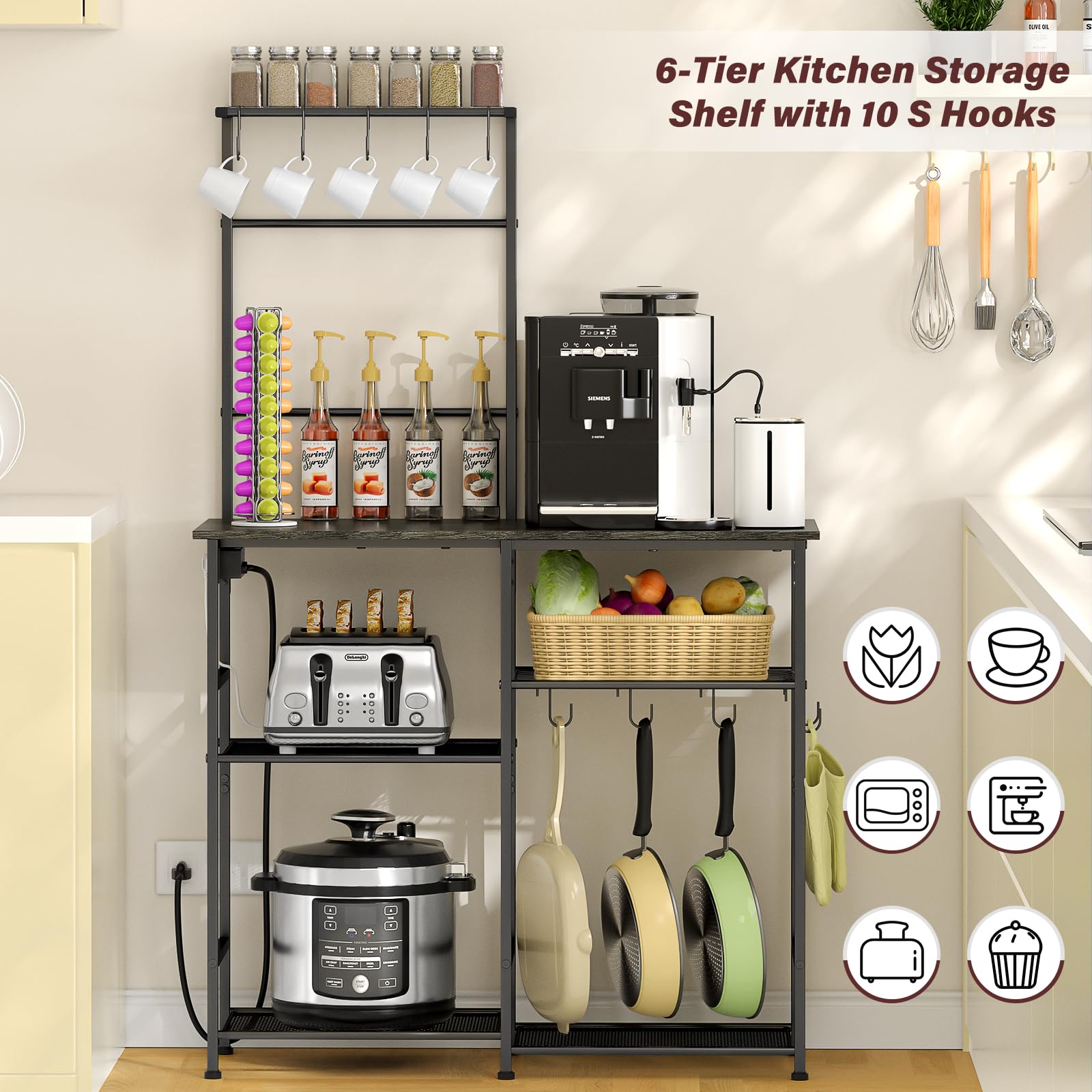 3IngSeagulls Bakers Rack with Power Outlet, Kitchen Microwave Stand with 10 S-shaped Hooks, 6-Tier Coffee Bar Station, Kitchen Storage Shelf Rack for Spices, Pots, Gray
