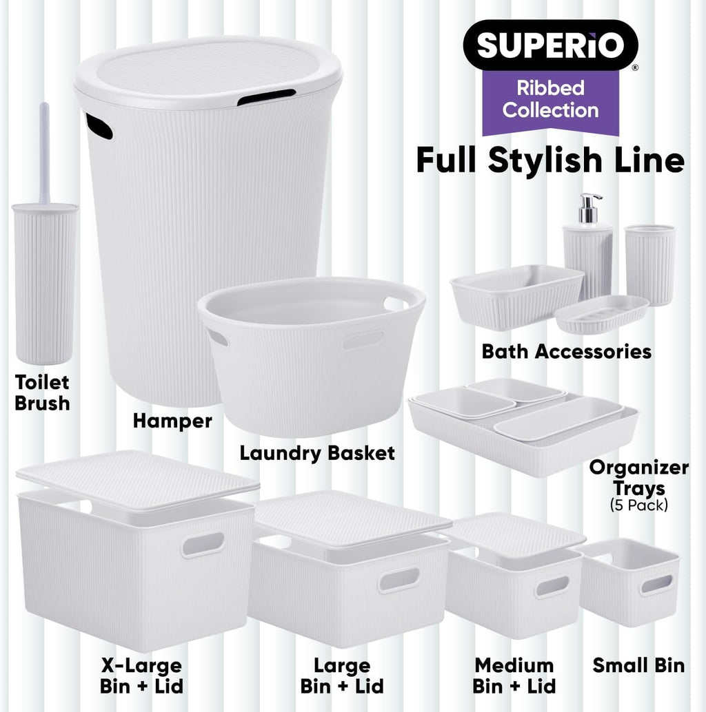 Ribbed Collection Decorative Plastic Storage Bins - Small White Smoke Organizer (4 Pack) for Closet & Drawer