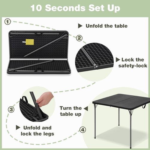 34" Square Folding Table - Heavy-Duty Steel Legs, 330lbs Capacity | Portable Black Picnic Table for 4