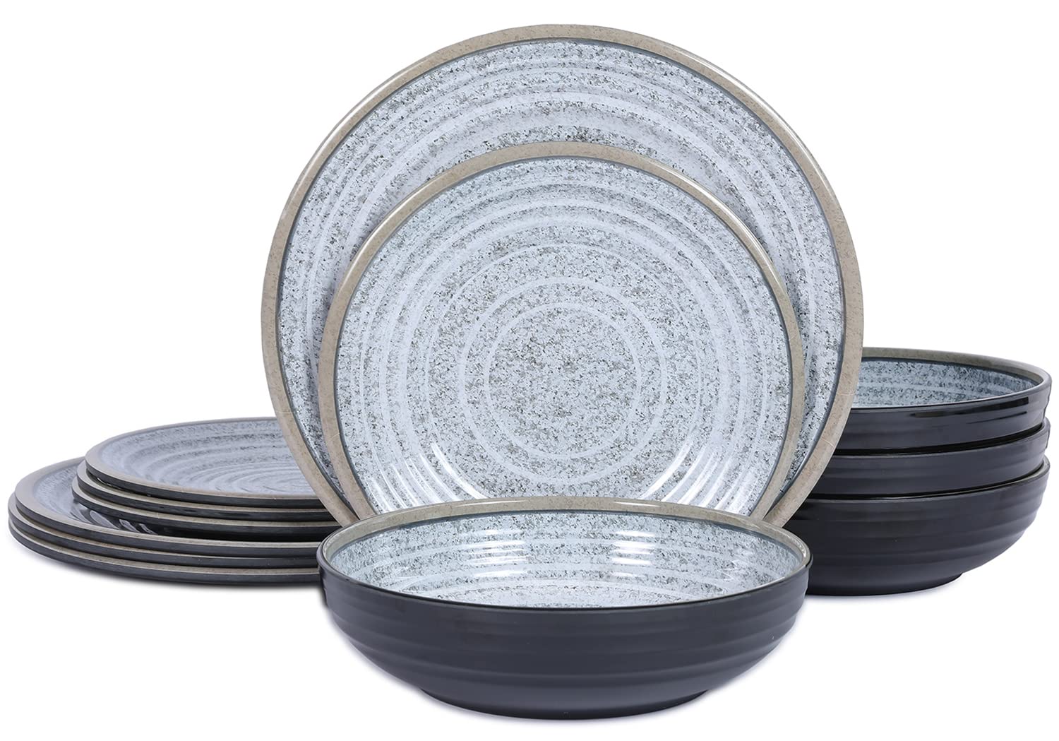 Melamine Dinnerware Sets 12 PCS - Service for 4 Plates & Bowls Sets Dishwasher Top-Shelf Safe, BPA Free Dinner Dishes Set for Everyday Use-Granite Pattern Black Back
