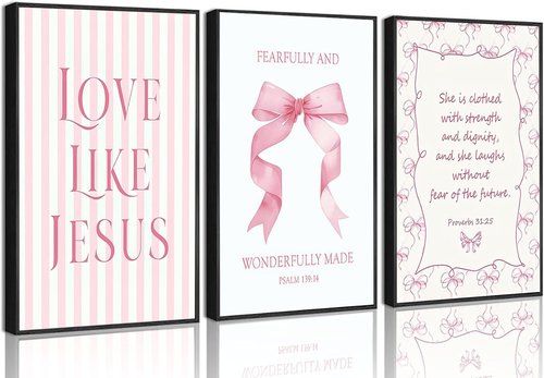 Christian Wall Art by 3Pcs - Inspirational Pink Canvas Prints | Eclectic Aesthetic Decor for Teen Girls 12x16in