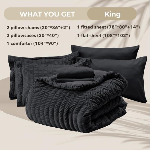 HYMOKEGE King Size Comforter Set - Luxury 7-Piece Seersucker Bedding in Black for All Seasons