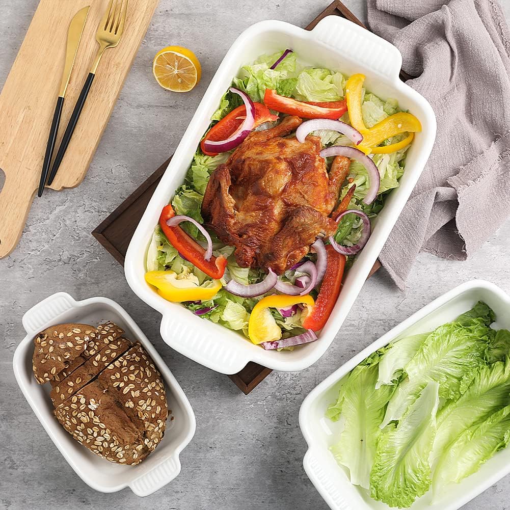 Sweejar Baking Pans Set - Durable Ceramic 9x13 Baking Dish with Handle | 3-Piece Casserole Bakeware Set in White