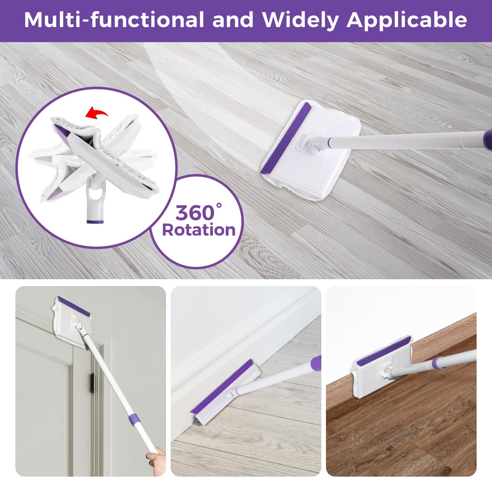 wlich Baseboard Cleaner Tool with Handle 2.0, 60" Extendable Long Handle, Dust Trapping and Locking, 5 Reusable Pads, Purple Base Boards Cleaning Tool for Moldings, Wall, Floor, Bathroom, Kitchen