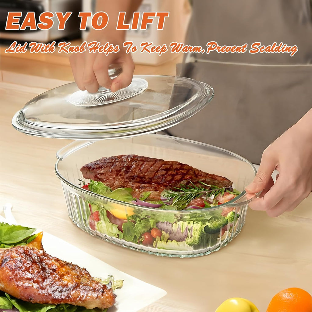 Reasim Glass Casserole Baking Dish - 2.8L/3Qt Oval Dish with Lid | Oven, Freezer & Microwave Safe