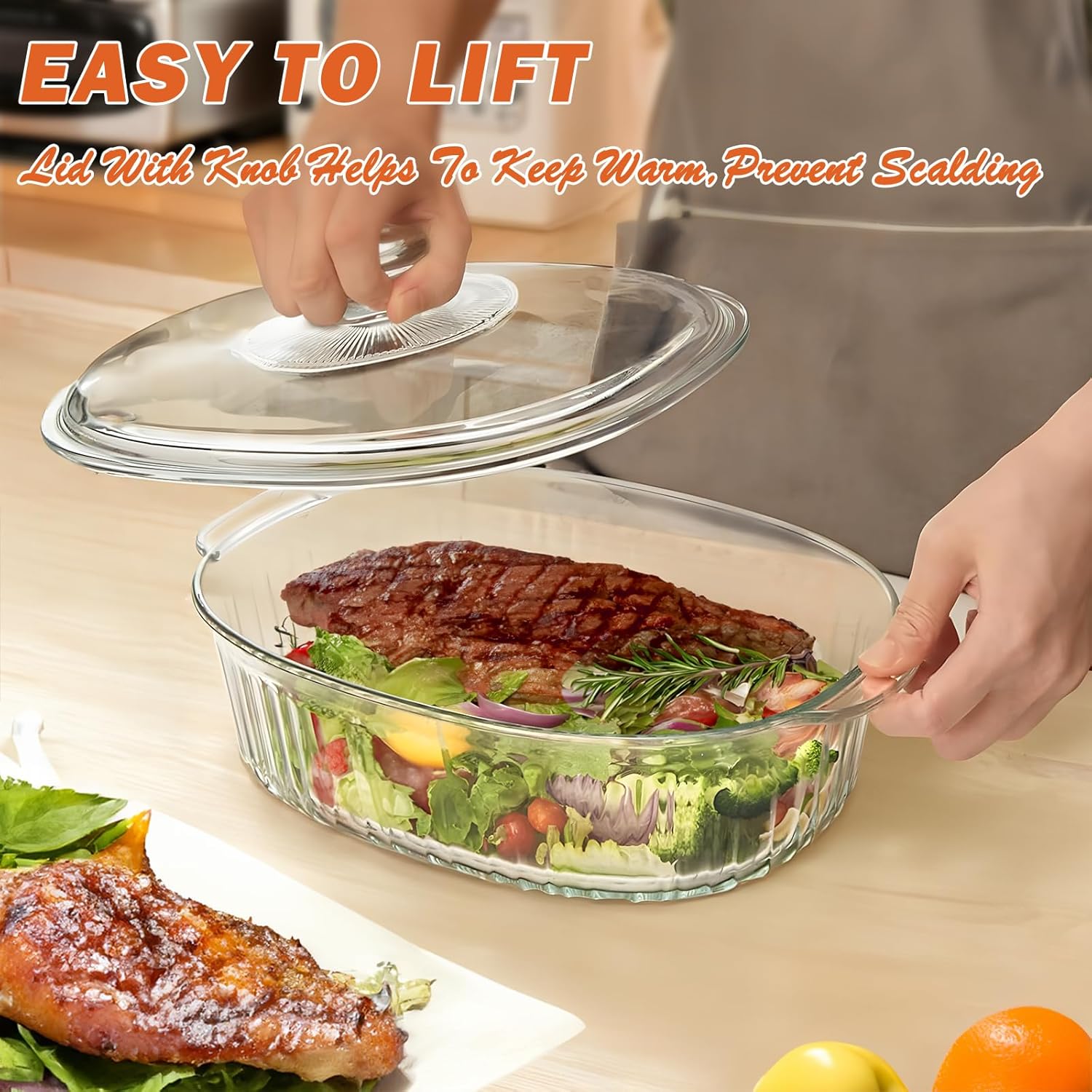 Reasim Glass Casserole Baking Dish - 2.8L/3Qt Oval Dish with Lid | Oven, Freezer & Microwave Safe