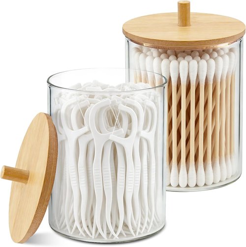 Glass Qtip Holder Dispenser Set - 10oz Cotton Swab & Bamboo Lids | Stylish Bathroom Storage (2 Pack)