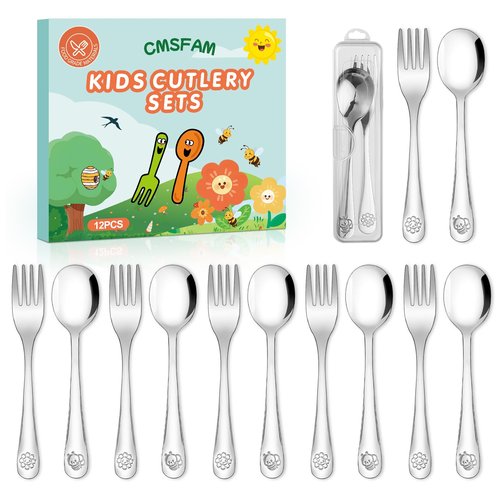 CMSFAM Stainless Steel Toddler Utensils Set - 12 Pieces Kids Silverware Set Children Safe Food Grade Small Forks and Spoons Dishwasher Safe Mirror Polished