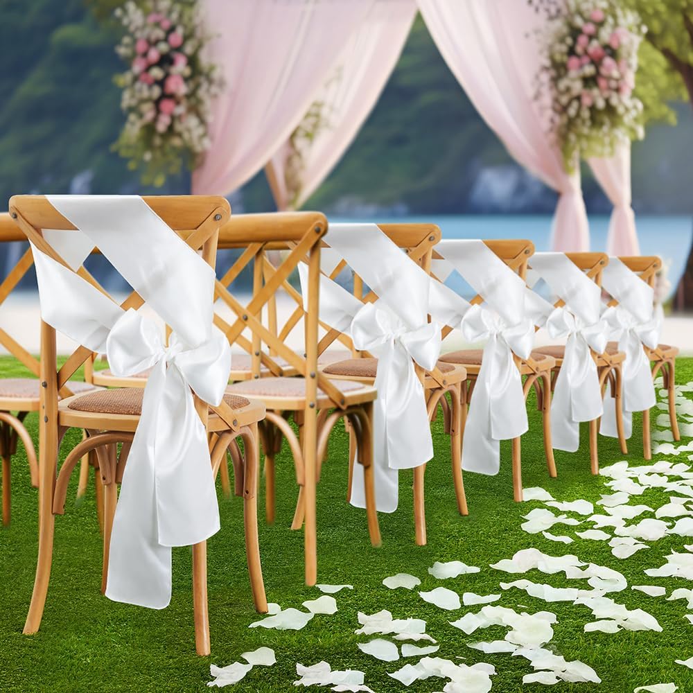 Regine Switzerland 10 Pcs White Satin Chair Sashes - Elegant Bows for Weddings & Events | 6 x 108 Inch
