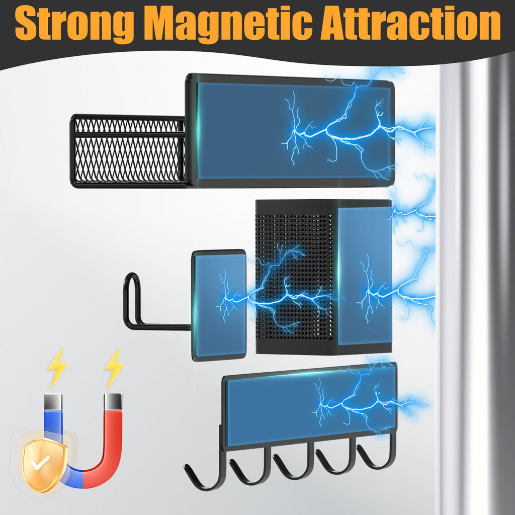 Magnetic Spice Rack for Refrigerator, 10 Pack 100% Metal Strong Magnet Shelf, Moveable Spice Organizer W/ Adjustable Paper Towel Holder, Hook Rack & Utensil Caddy, Home Kitchen Laundry Storage, Black