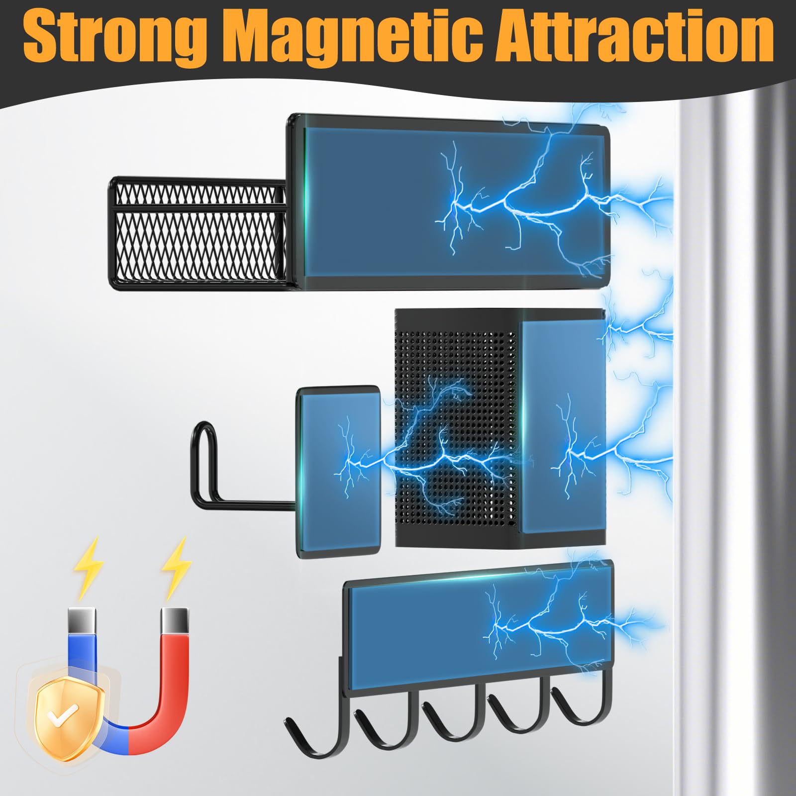 Magnetic Spice Rack for Refrigerator, 10 Pack 100% Metal Strong Magnet Shelf, Moveable Spice Organizer W/ Adjustable Paper Towel Holder, Hook Rack & Utensil Caddy, Home Kitchen Laundry Storage, Black