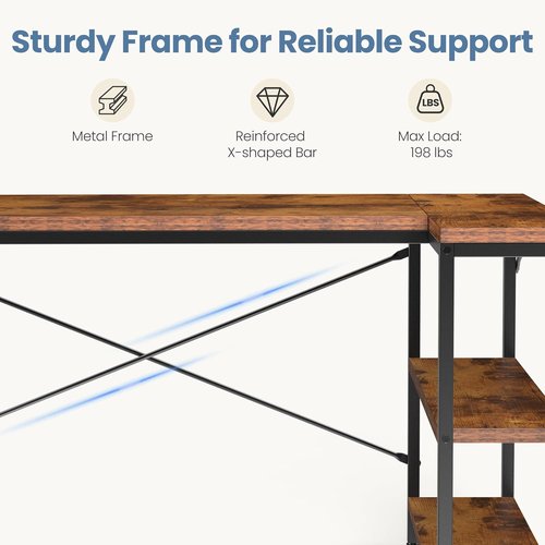 DUMOS L-Shaped Desk - 47-Inch Computer Desk with Reversible Storage Shelves | Rustic Brown Home Office Furniture