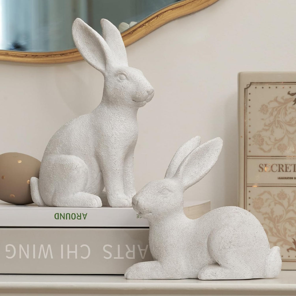 Skiennix White Frosted Resin Bunny Figurines - Set of 2 Decorative Rabbit Statues for Easter Home Decor