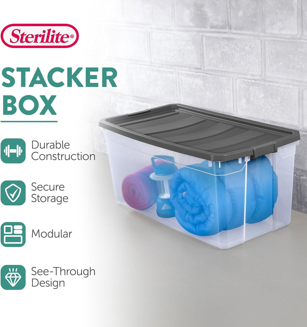 Sterilite 3-Pack Modular Stacker Boxes - Durable Clear Plastic Storage Bins with Latching Lids | 200 Quart for Closet, Bathroom & Office