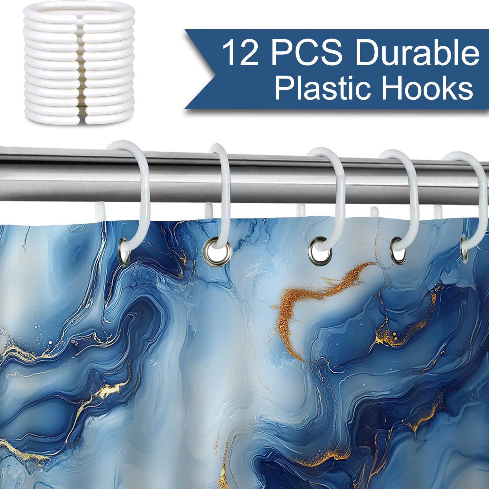 Mocsicka Blue Marble Shower Curtain Abstract Modern Luxury Marble Bathroom Shower Curtain Blue Marble Waterproof Fabric Shower Curtains Bathtub Decor with 12 Hooks 72 X 72 Inch (Blue)