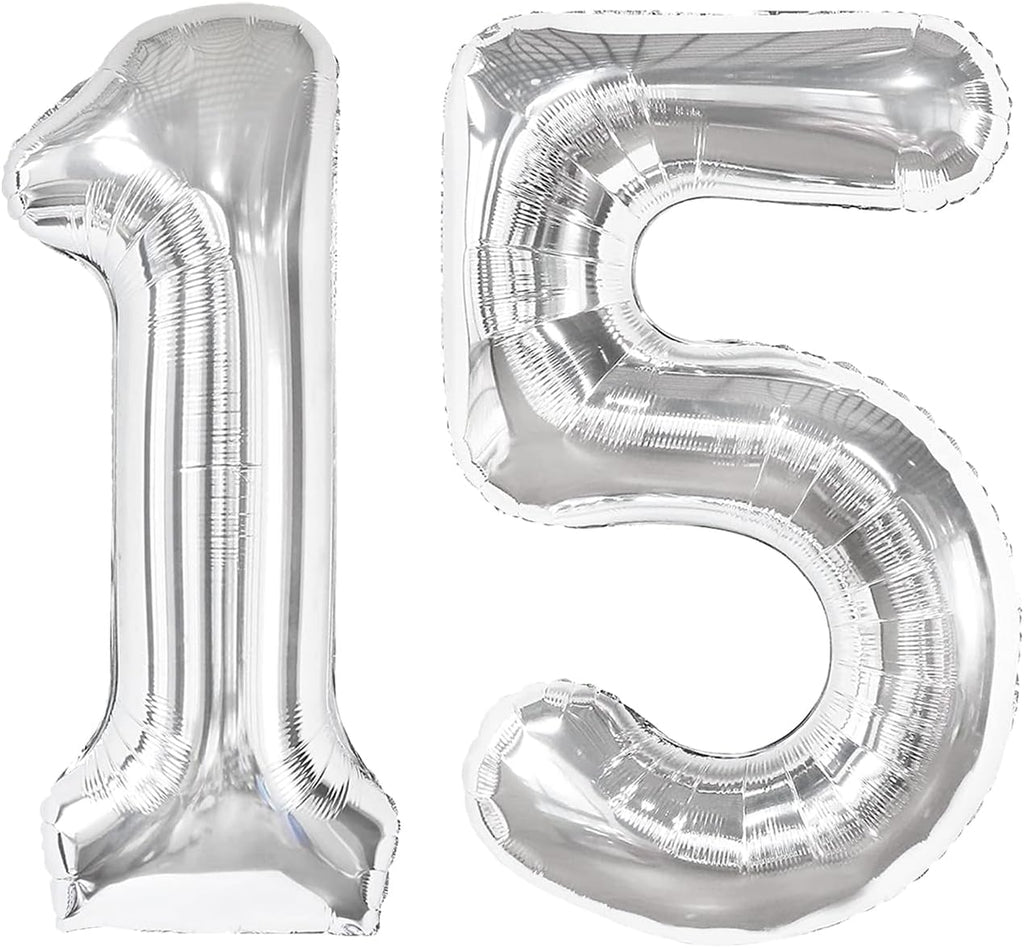 Silver Number 15 Balloon - 40 Inch Giant Foil Balloon for 15th Birthday Party Decorations