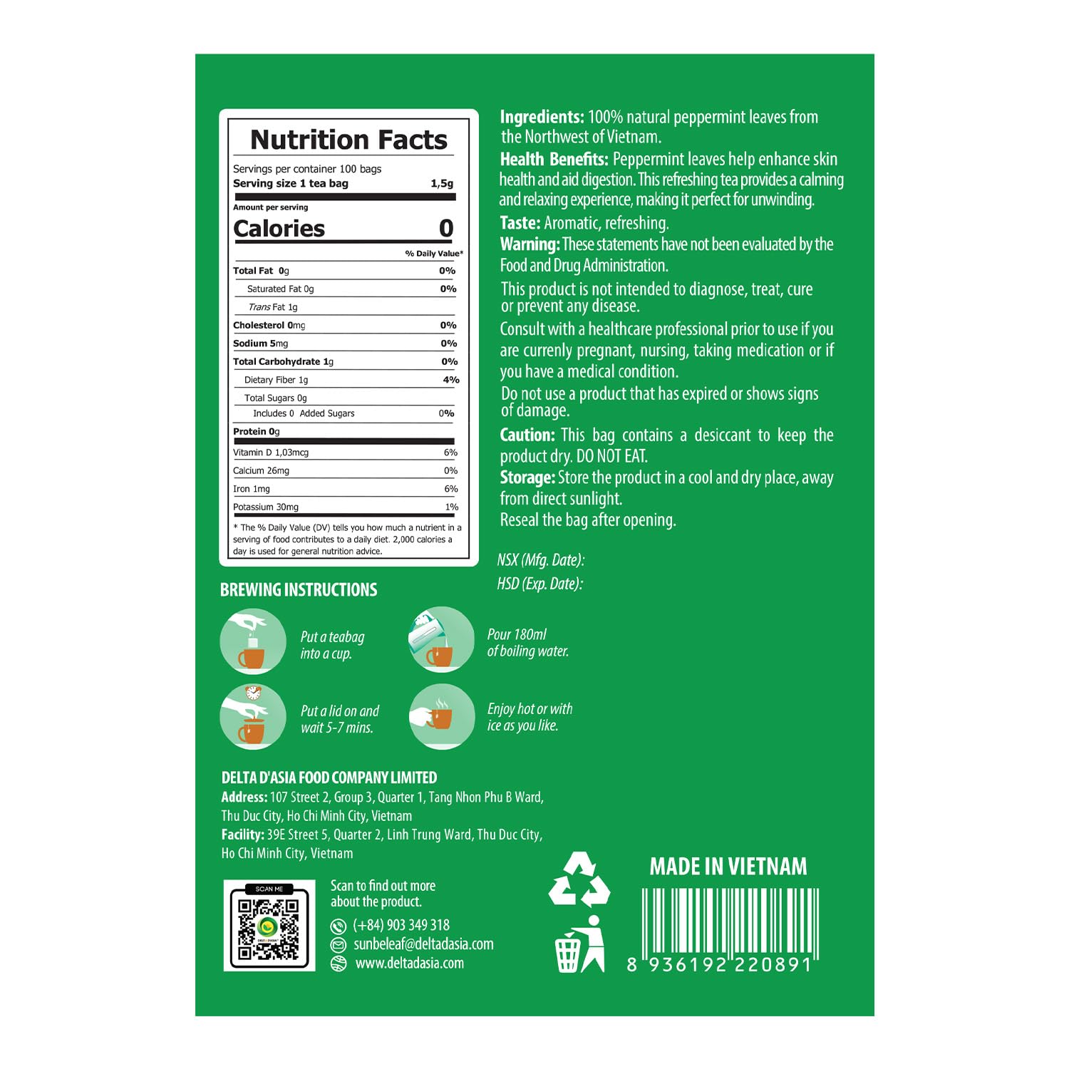 SUNBELEAF Peppermint Tea – 60 Tea Bags, Pure Mint Leaves from Vietnam, Caffeine-Free Herbal Infusion, Resealable Zip Pouch, Refreshing Gentle Flavor, Ideal for Daily Enjoyment