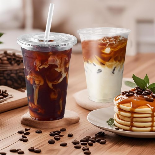 Ginkgo 20oz Clear Plastic Iced Coffee Cups - 100-Pack, Leak-Proof & Sturdy with Lids and Straws
