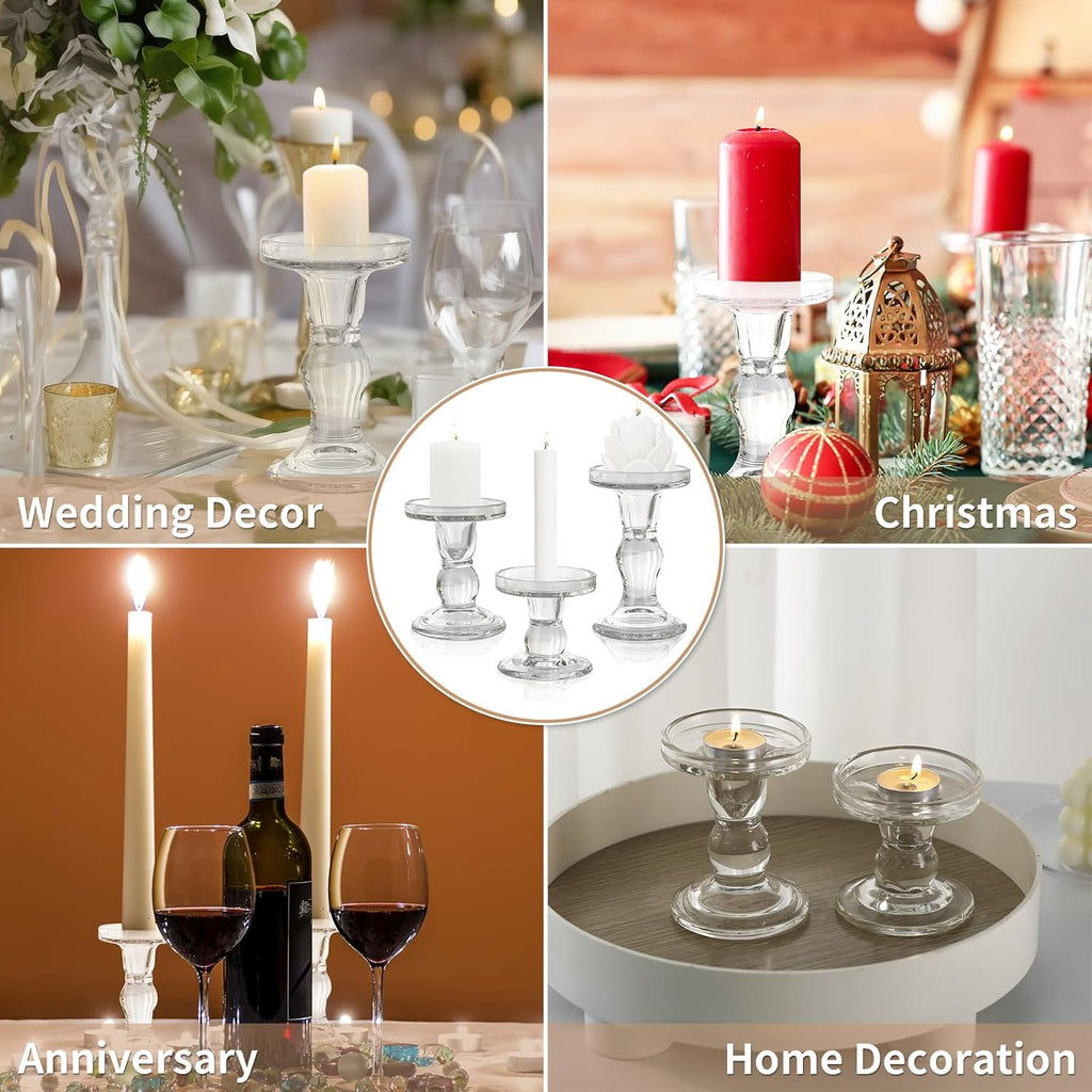 Skiennix Glass Candle Holders - Elegant 3-Piece Crystal Clear Design for Pillar & Taper Candles