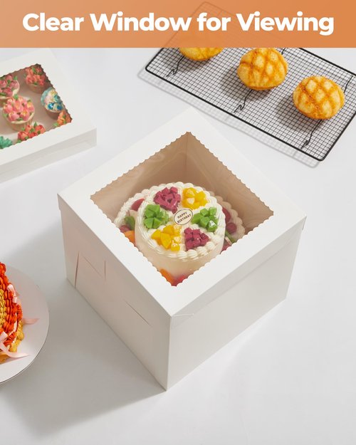 Kootek Cake Box with Board Drum, 12x12x12 Inches Tall Bakery Box with Window, Disposable Cake Container with Lid for Multi-Layer Cake, Cake Decorating, Wedding, Birthday, Party