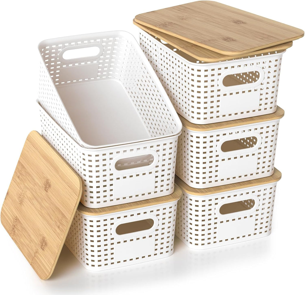 Plastic Storage Baskets - Stackable Organizing Bins with Bamboo Lids | 6 Pack, 10.2x7.2x4.1 Inch, White