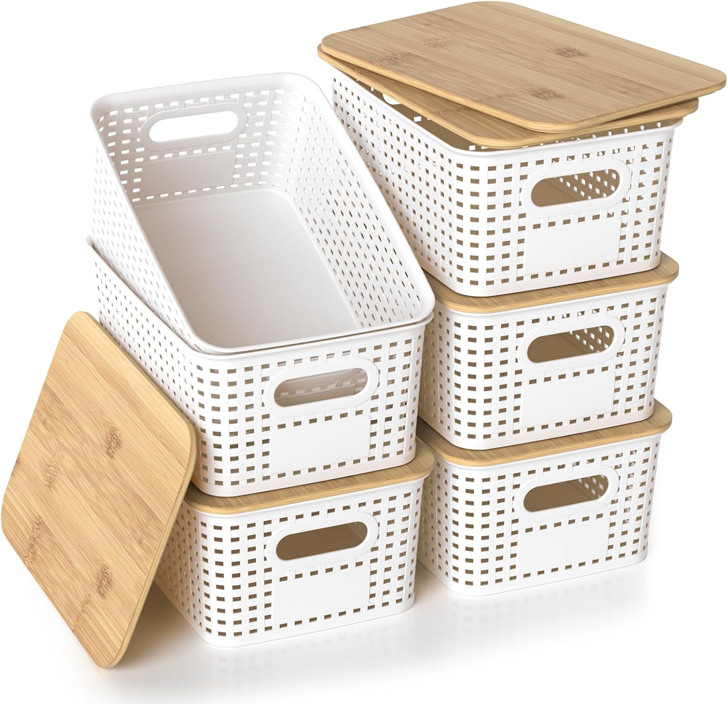 Plastic Storage Baskets - Stackable Organizing Bins with Bamboo Lids | 6 Pack, 10.2x7.2x4.1 Inch, White