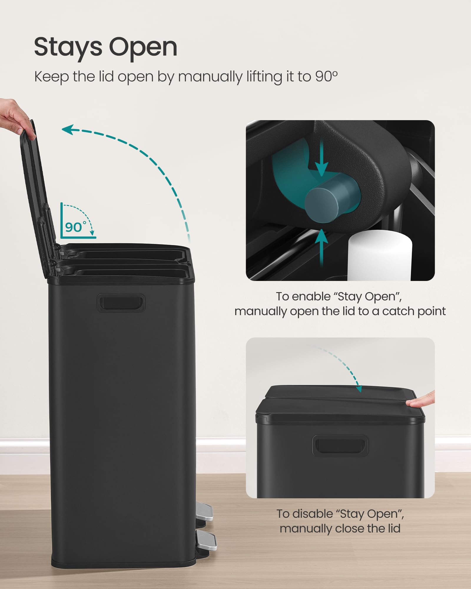 SONGMICS Trash Can, 2 x 8 Gallon (2 x 30 L) Dual-Compartment Garbage Can with Soft-Close Lid, Pedal and Inner Buckets, Stainless Steel, Includes 15 Liner Bags, Ink Black ULTB741B01