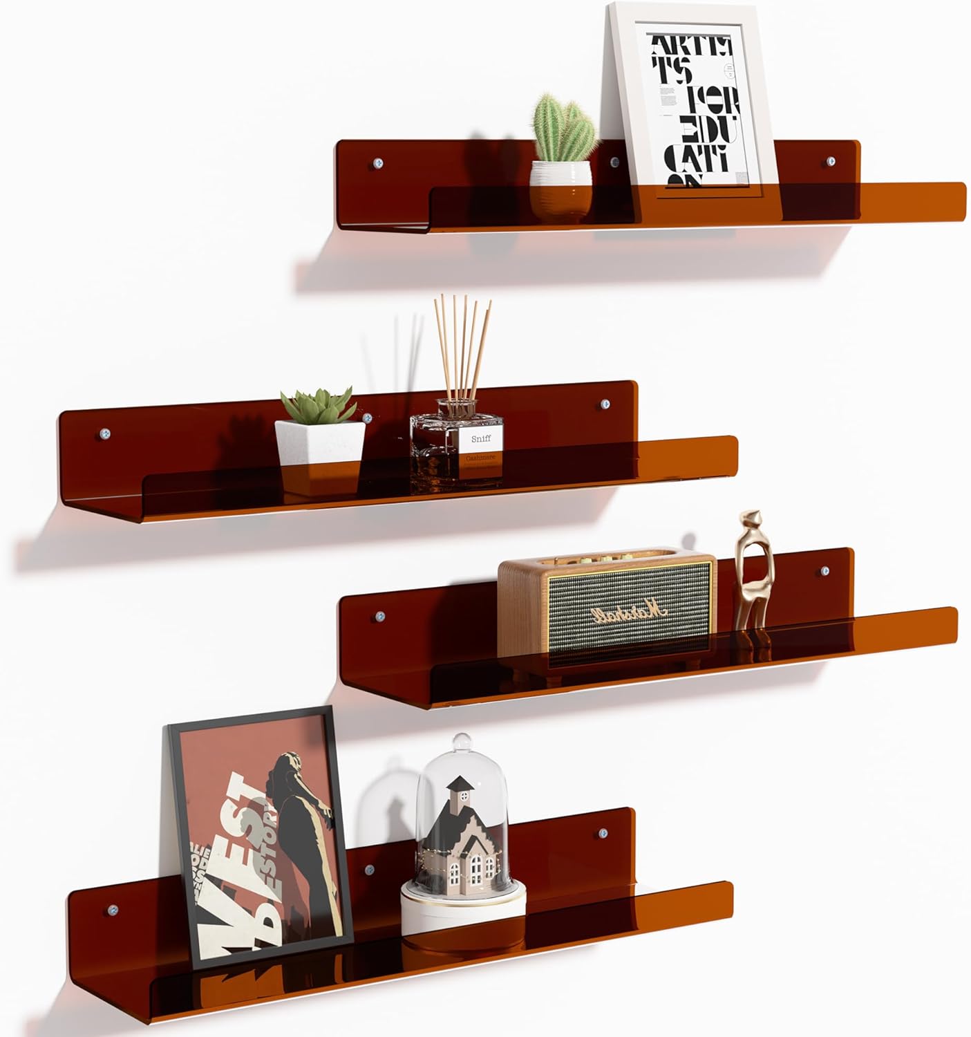 Upsimples Acrylic Wall Shelves - 15" Floating Display Shelf & Perfume Organizer | Clear Brown, 4 Pack
